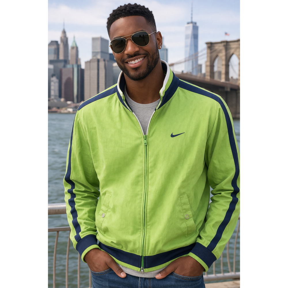 Vintage Nike Green Blue Windbreaker Jacket Full Zip with Kangaroo Pockets Size M